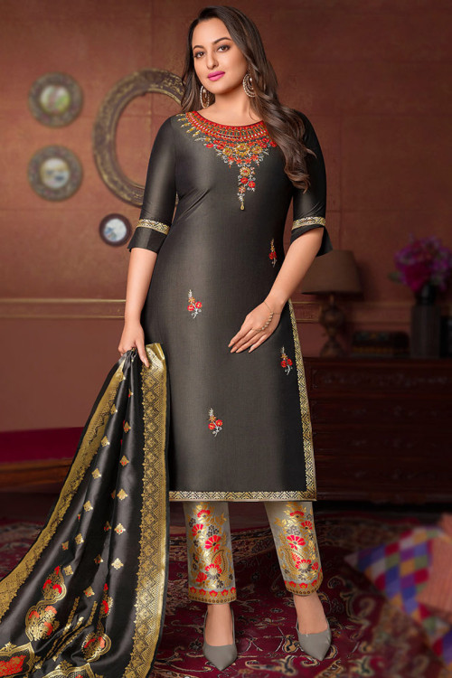 Charcoal Grey Silk Embroidered Trouser Suit for Eid