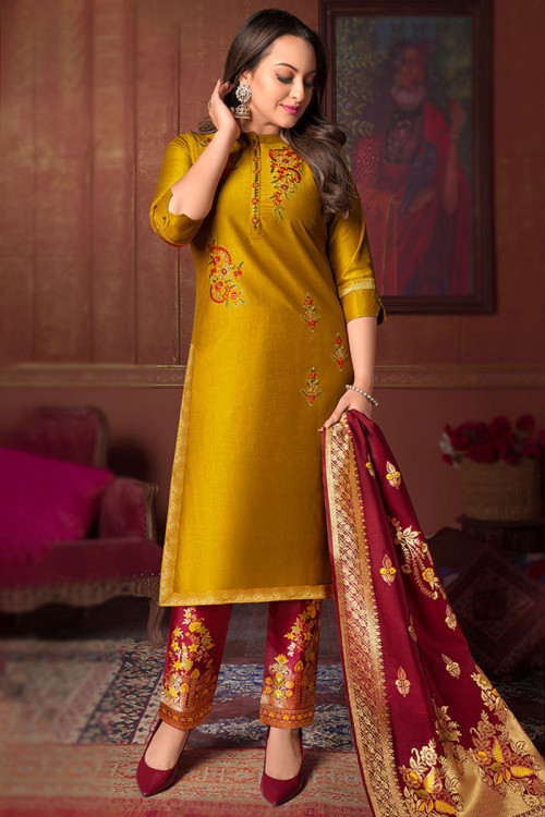 Trouser Suit for Party Wear in Silk Mustard Yellow