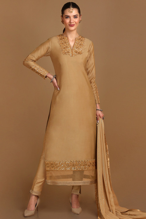 Beige Silk Straight Cut Trouser Suit with Lace embroidery