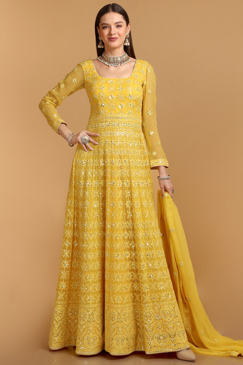 Yellow Georgette Anarkali with Churidar Suit