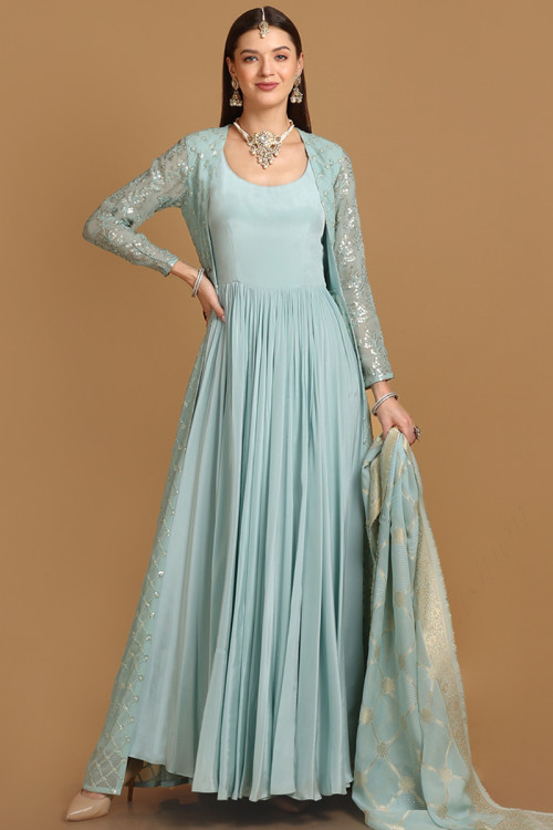Mint Blue Satin Embroidered Anarkali Suit