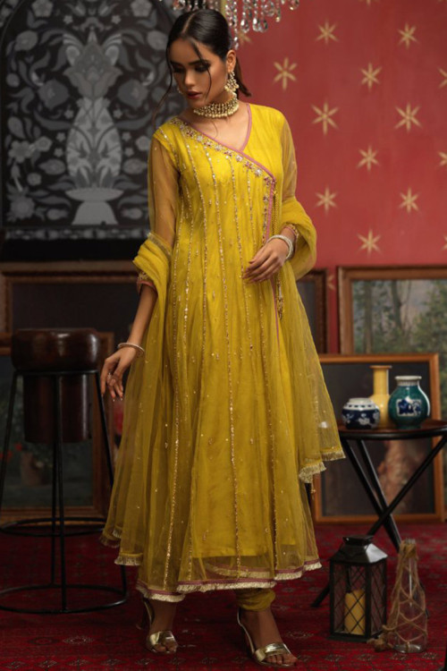 Aari Work Embroidered Net Yellow Anarkali Suit