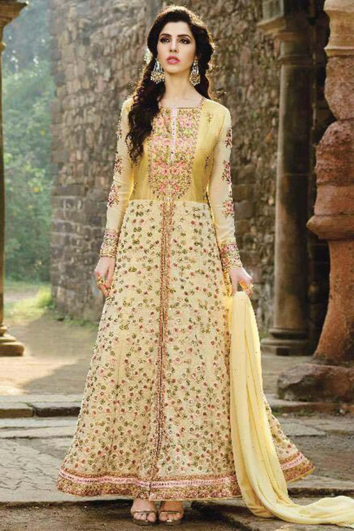 Attractive Yellow Satin And Silk Anarkalii Suit With Resham Work