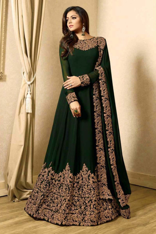 Gorgeous Green Georgette Anarkali Suit With Dori Work