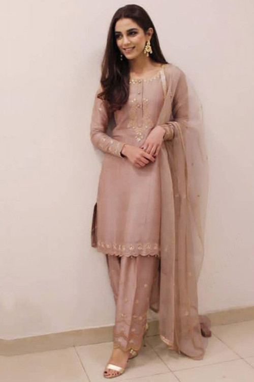 Banglori Silk Pakistani Pant Style Suit In Pink Color