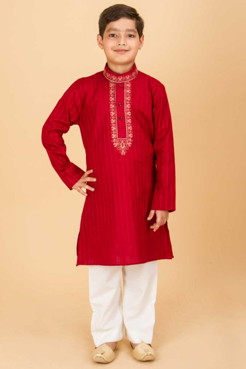 Red Full Sleeve Cotton Kurta Pajama set For Eid