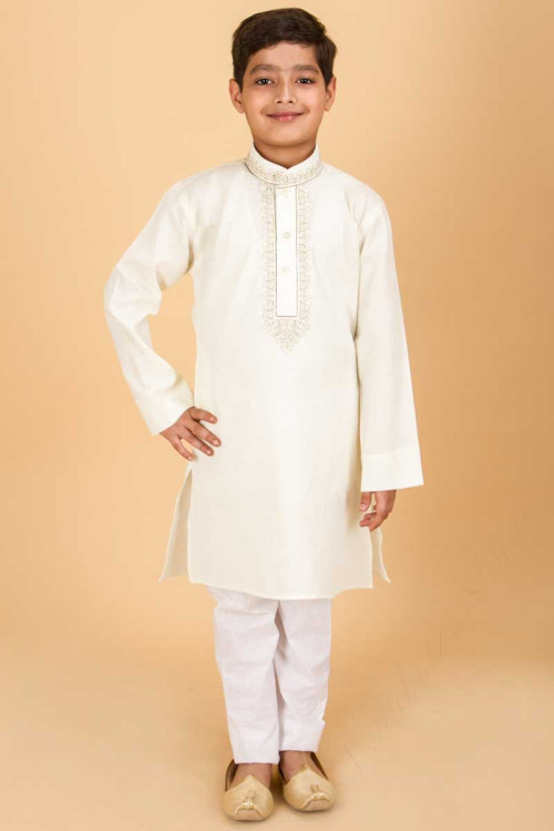 Off-White Ethnic Wear Long Kurta Pajama Set For Eid