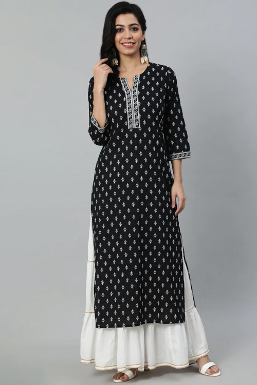 Black Party Wear Printed Kurti in Cotton