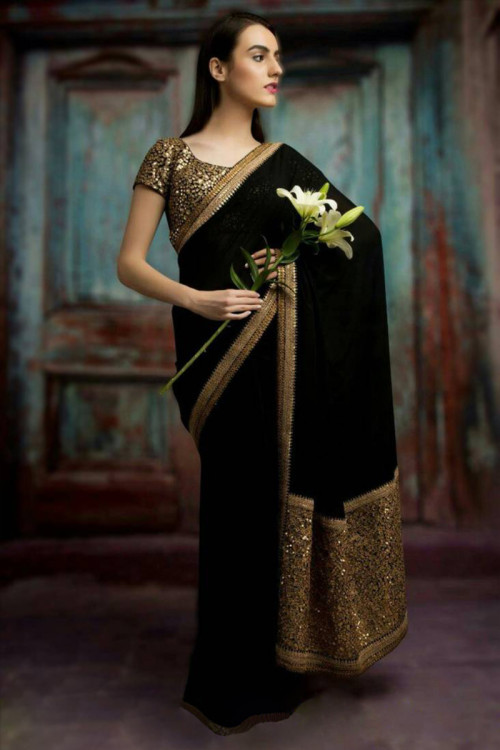Georgette Saree with Lace Embroidery in Black for Party 
