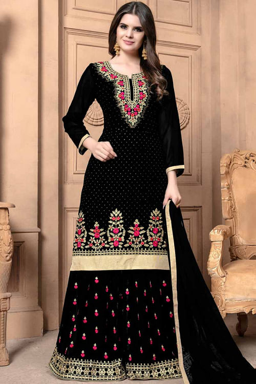 Dazzling Faux Georgette Sharara Suit In Black Color 
