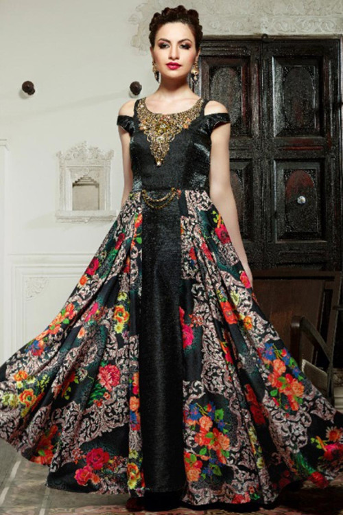 Black Silk Anarkali Gown With Foral Print 