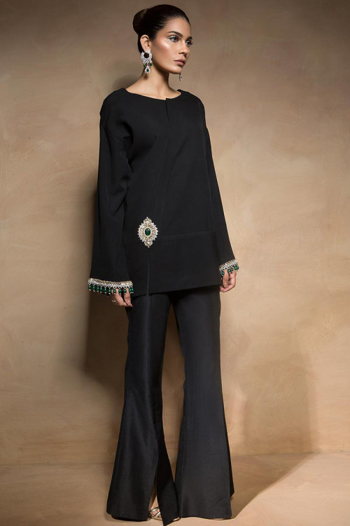 Black Silk Contemporary Party Wear Eid Trouser Suit