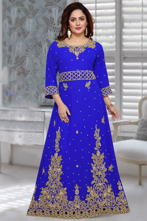 Blue Georgette A Line Embroidered Kurti