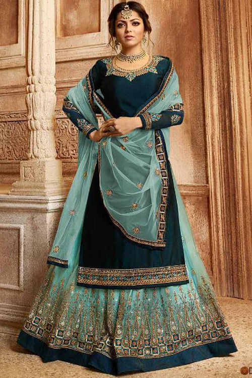 Dark Pine Green Straight Kameez With Sky Blue Net Lehenga