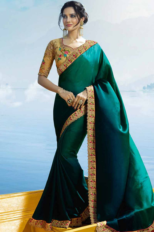 Dark Green Saree with Beige Blouse