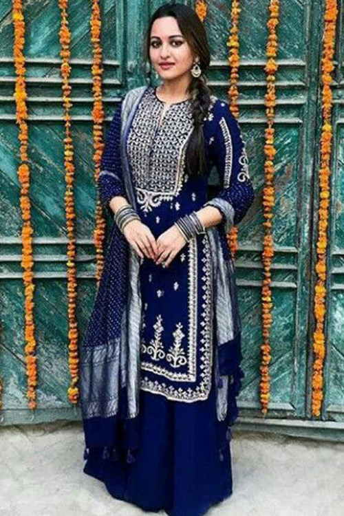 Blue Georgette Sharara Suit with Embroidery Work 