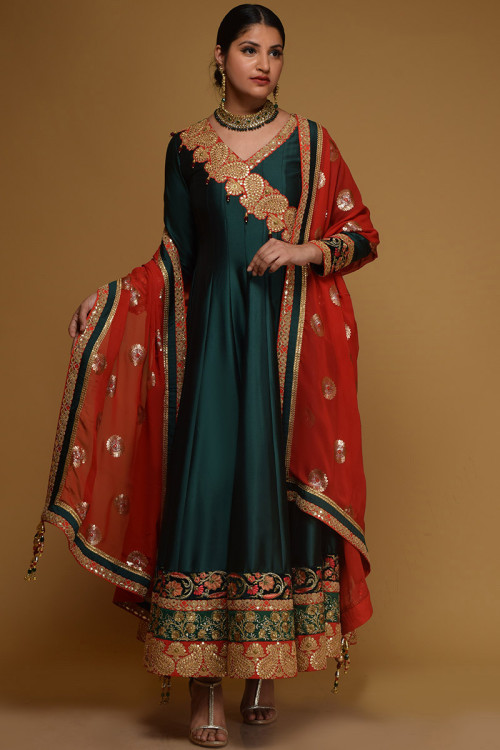 Anarkali Gown Anarkali Suit in Taffeta Silk Bottle Green for Party 