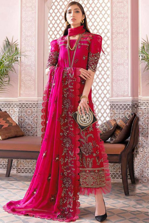 Trouser Suit in Georgette Brick Red with Stone Work for Sangeet