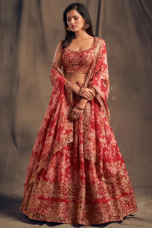 Brick Red Organza Sequins Embroidered Lehenga