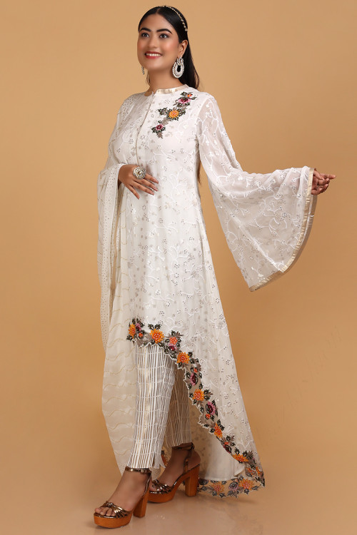 Straight Pant Trouser Suit in Georgette White for Party 