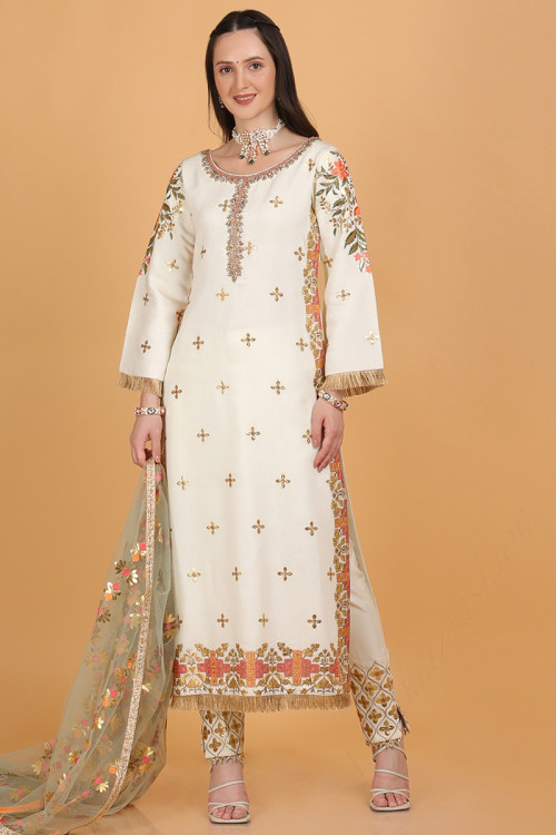Cotton Silk Off-White Embroidered Trouser Suit 