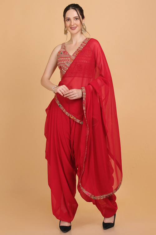 Chilly Red Embellished Dhoti Pants With Top