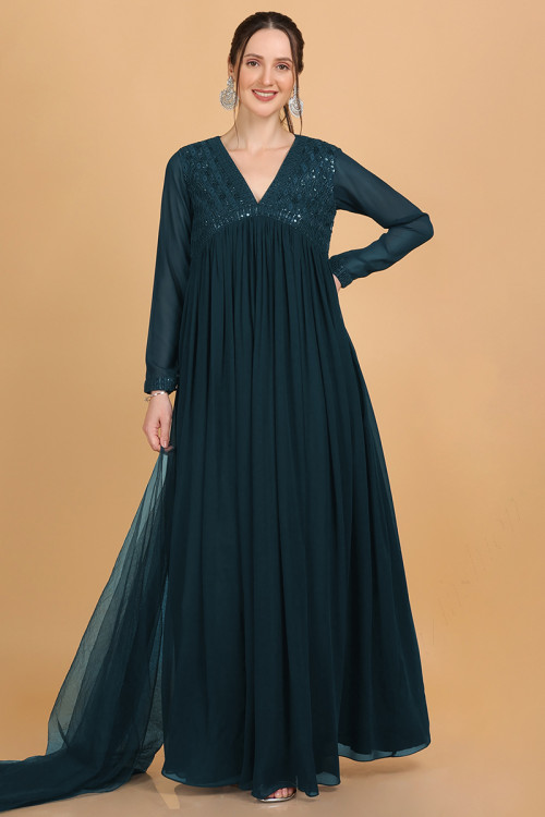 Dark Teal Green Georgette Embroidered Flared Style Gown