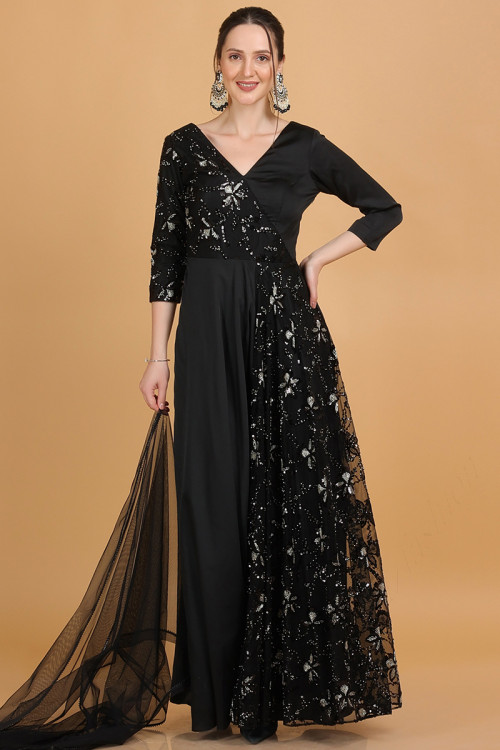Black Silk Blend And Net Indo-Western Embroidered Gown