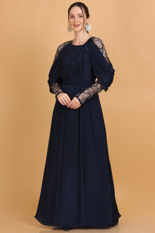 Satin Silk Navy Blue Embroidered Flared Style Gown