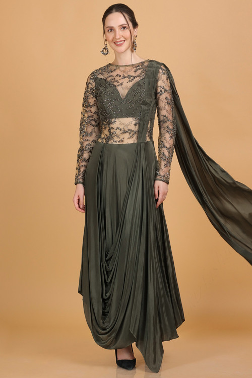 Army Green Embroidered Indo-Western Soft Silk Gown