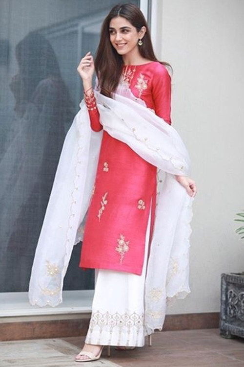 Carrot Pink Silk Pakistani Suit With Palazzo Pant