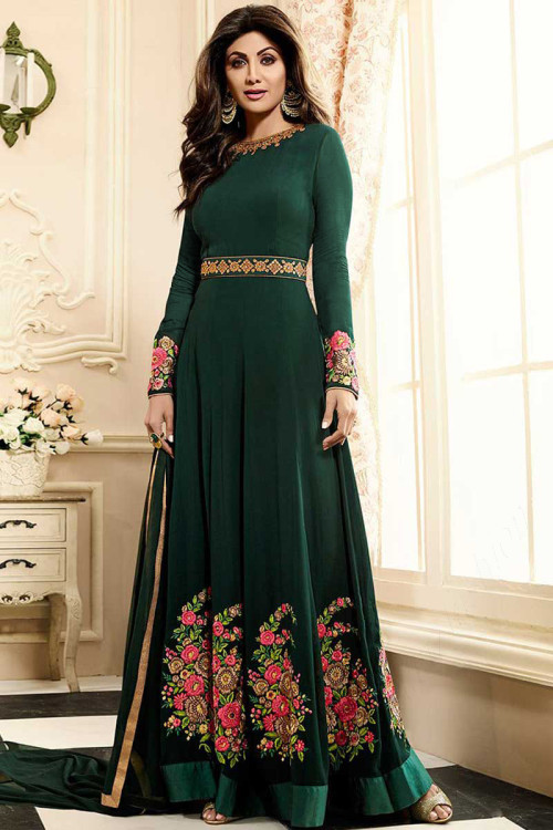 Shlipa Shetty Green Long Silk Anarkali Churidar Suit With Dupatta