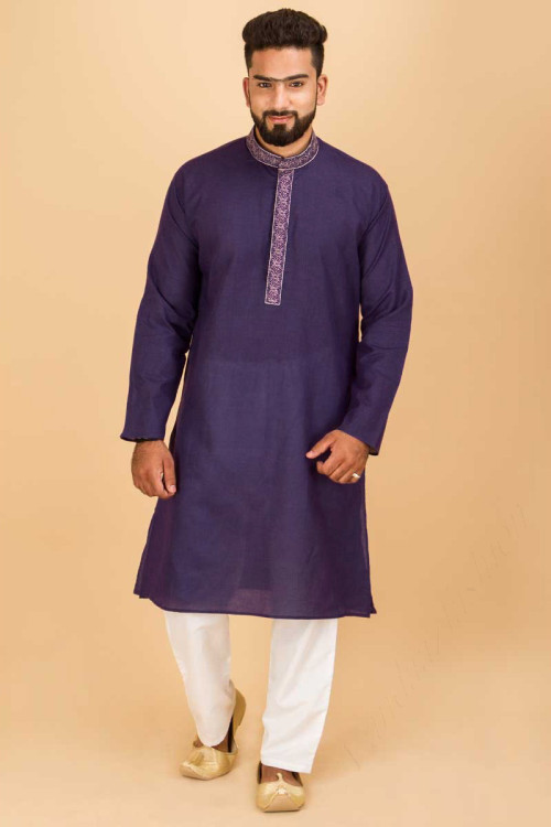 Men Dark Purple Long Cotton Kurta Pajama for Eid