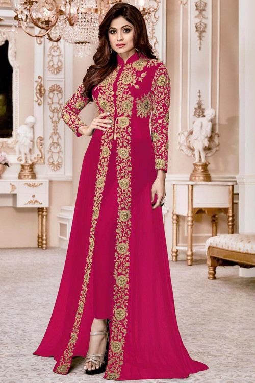 Georgette Wedding Wear Anarkali Suit In Ruby Pink Color