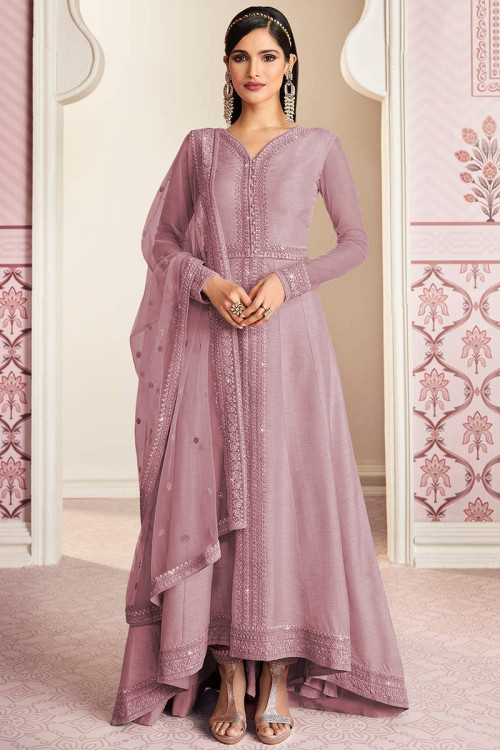 Dusty Mauve Silk Embroidered Eid Anarkali Suit