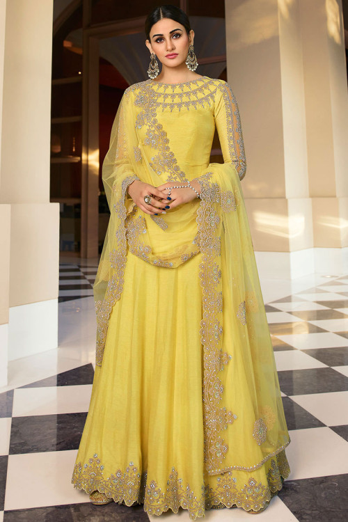 Yellow Silk Anarkali Suit With Churidar