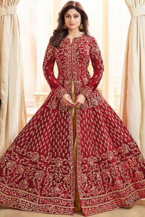 Red Silk Bridal Wear Anarkali Suit With Skirt