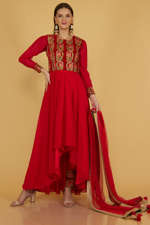 Anarkali Suit in Cherry Red Georgette for Party Wear