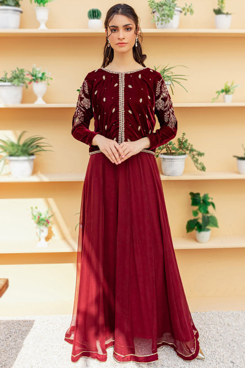 Chiffon Maroon Anarkali Suit With Embroidered Jacket