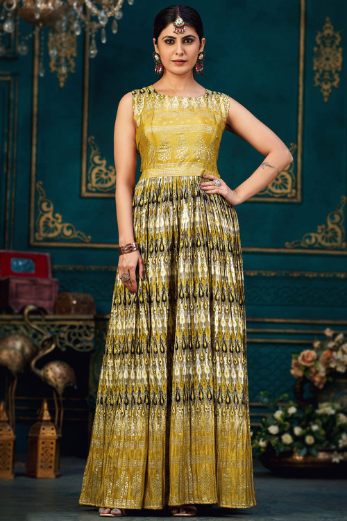 Chinnon Mustard Yellow Printed A-Line Gown