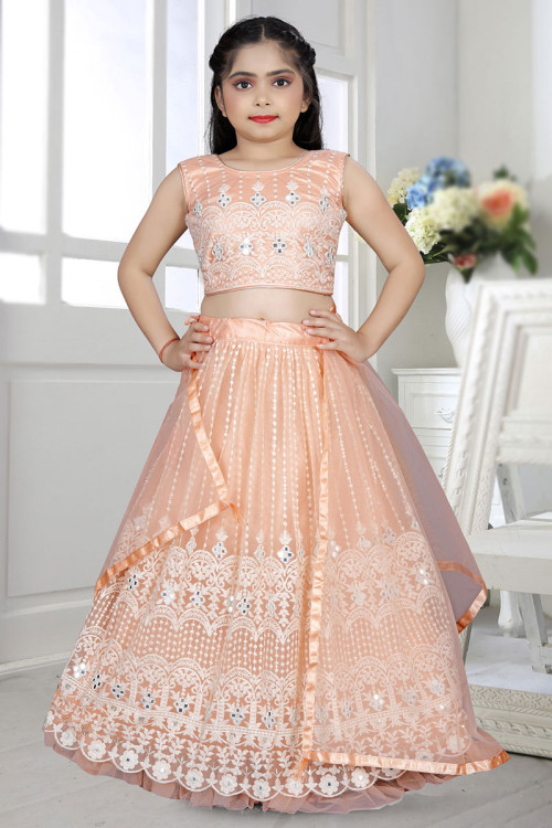 Lehenga in Net Coral Peach with Mirror Embroidery for Sangeet