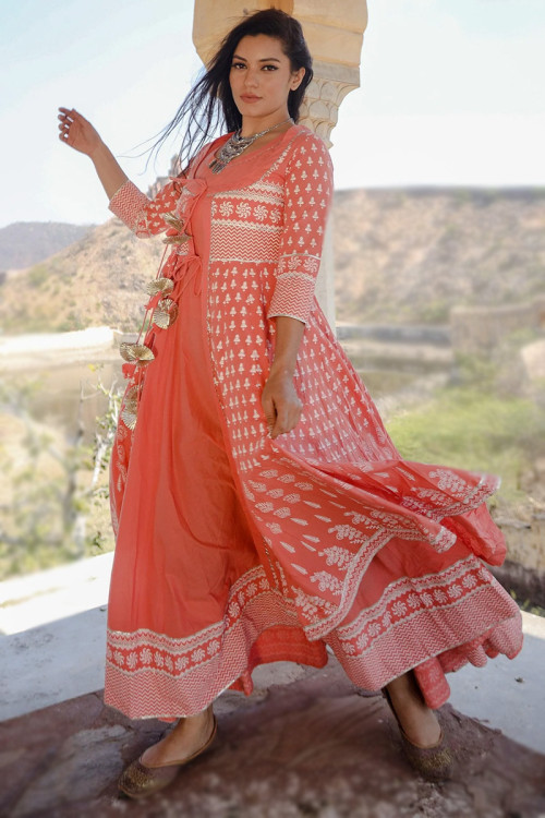 Coral Pink Cotton Printed A-line Gown 