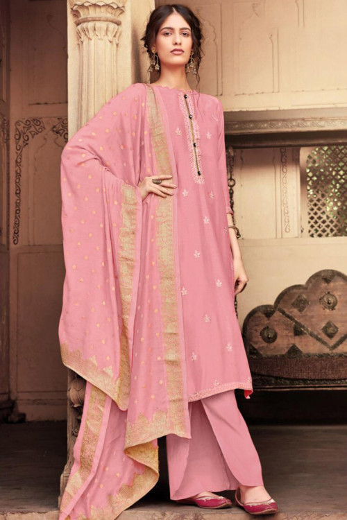 Coral Pink Viscose Embroidered Palazzo Suit