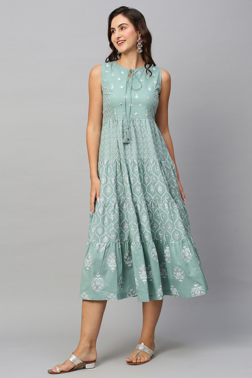 Cotton Mint Blue Faux Mirror Embroidered Kurti 