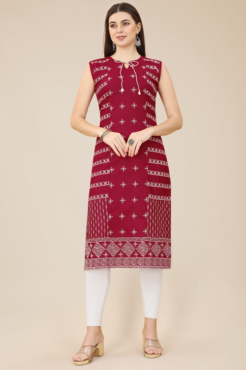 Cotton Ruby Red Embroidered Straight Cut Kurti