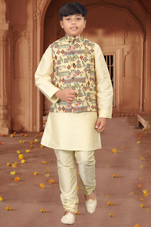 Jacket Style Kurta Pajama in Art Silk Cream Beige for Sangeet