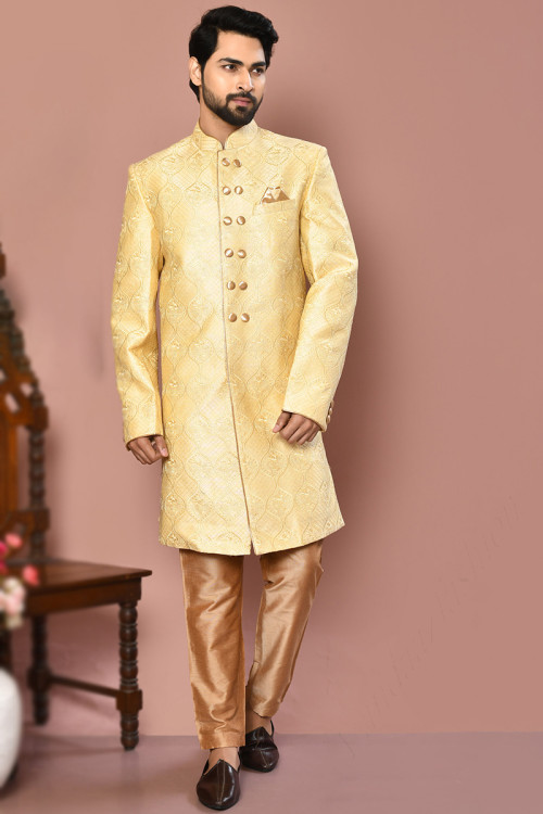 Cream Beige Banarasi Silk Woven Zari Men Sherwani