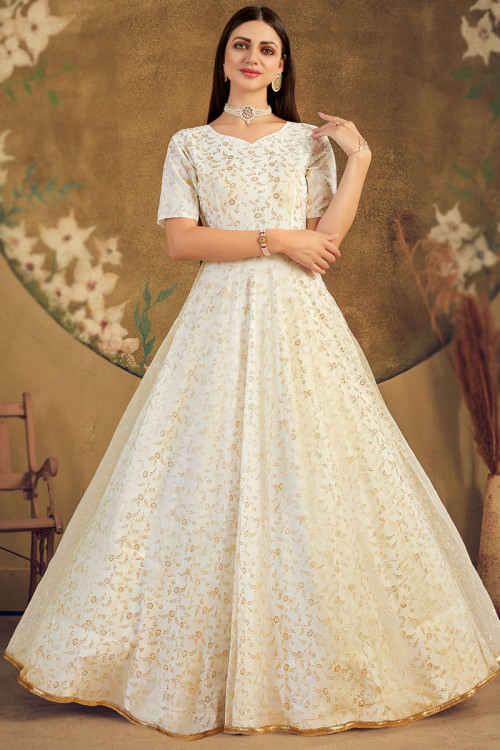 Cream Net Anarkali Style Printed Gown