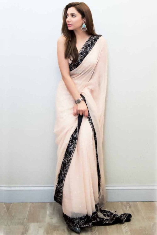 Pale Pink Georgette Eid Saree With Silk Blouse