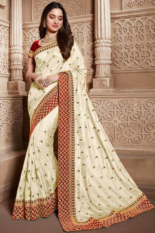 White Silk Wedding Saree With Resham Work